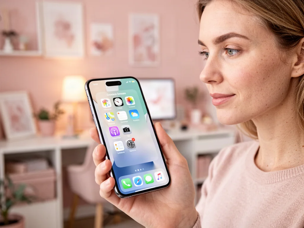 Kobieta trzymająca iPhone'a z widocznym ekranem głównym w przytulnym domowym biurze.