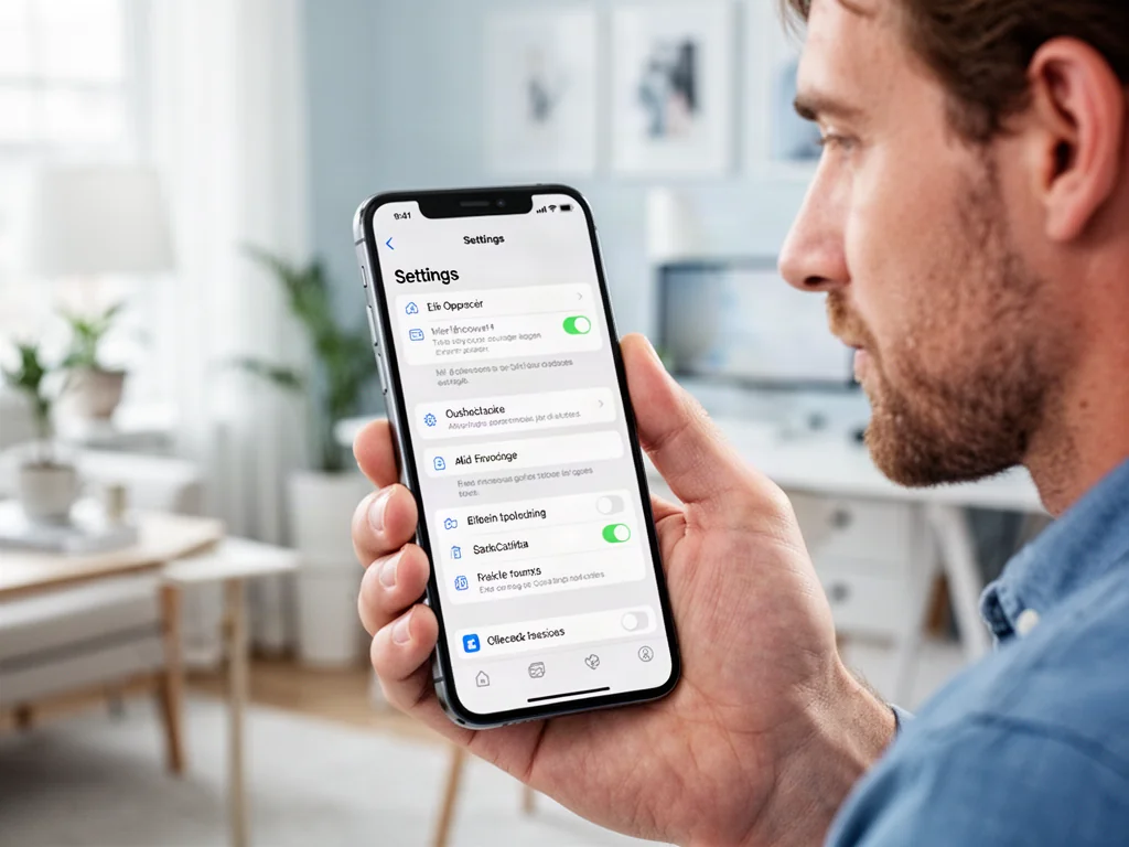 Dłoń trzymająca iPhone'a z otwartym menu ustawień w jasnym domowym biurze.