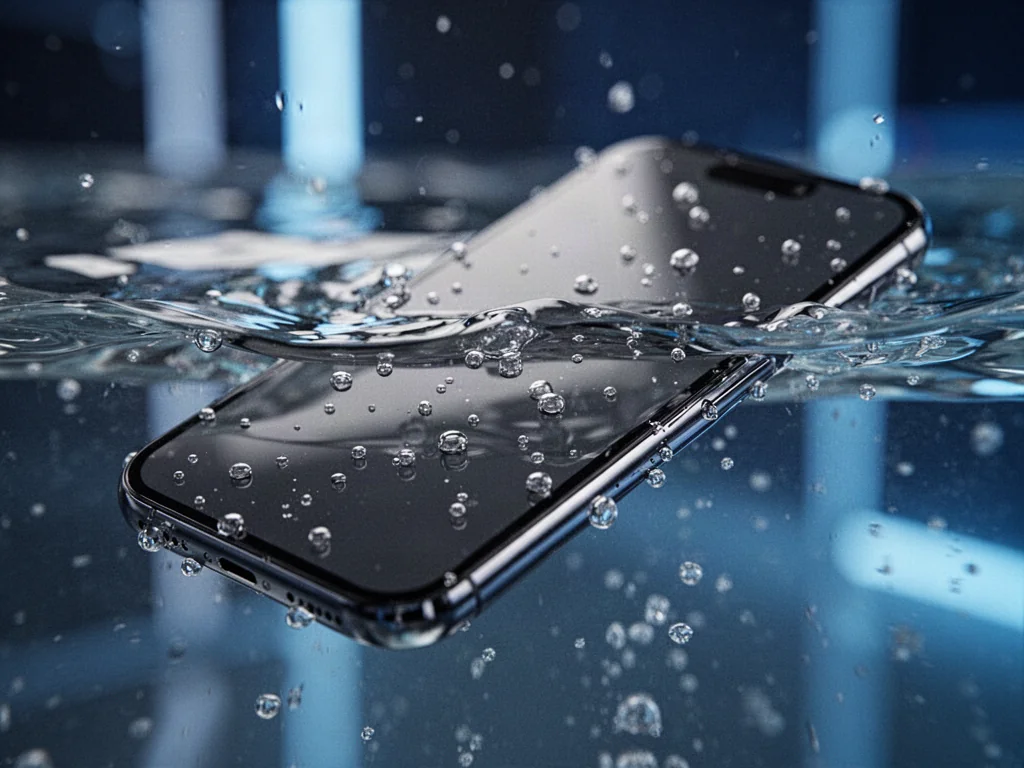 iPhone 13 częściowo zanurzony w czystej wodzie, co ilustruje jego odporność na zachlapania i wilgoć.