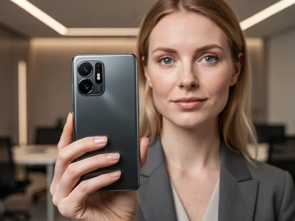 Kobieta trzymająca iPhone'a 12 w dłoni, z wyraźnym widokiem na moduł podwójnego aparatu w nowoczesnym biurze.