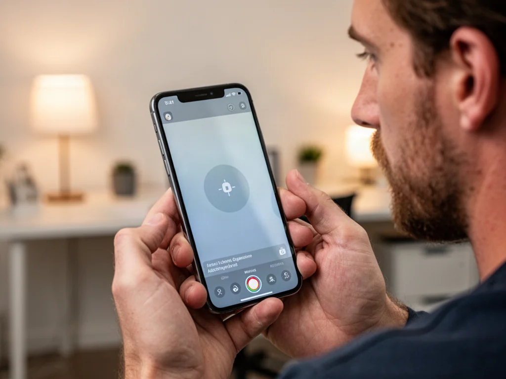 Dłonie trzymające iPhone'a z widocznym interfejsem nagrywania ekranu w minimalistycznym domowym biurze.