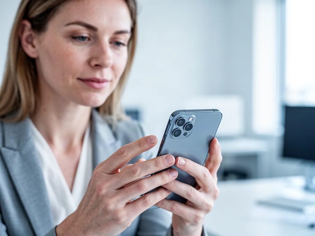 Kobieta trzymająca w dłoniach nowoczesny smartfon, skupiona na ekranie urządzenia w jasnym, biurowym otoczeniu.
