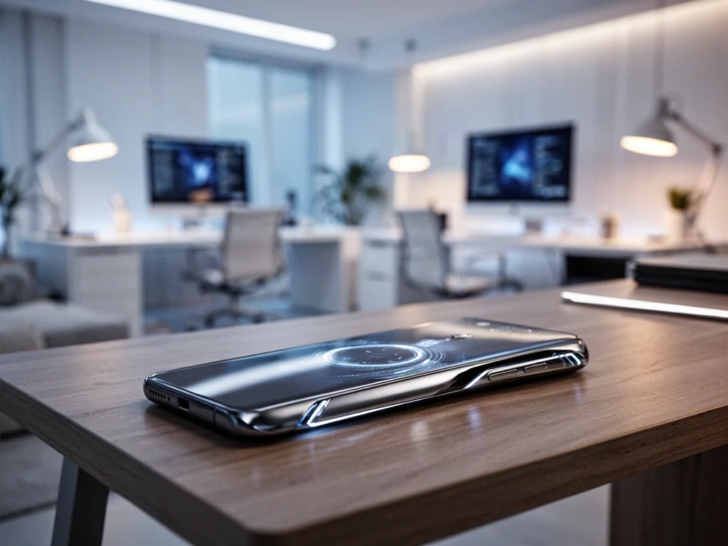 Elegancki, futurystyczny smartfon na minimalistycznym drewnianym biurku w nowoczesnym domowym biurze.