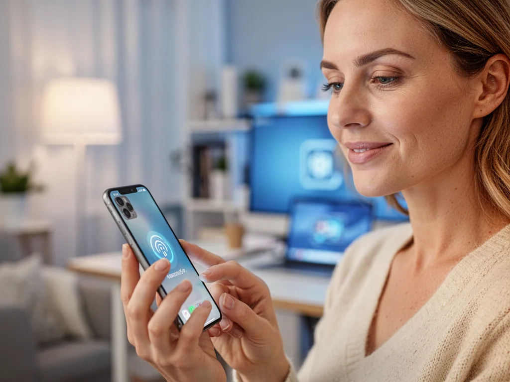 Kobieta trzymająca iPhone'a podczas synchronizacji danych w przytulnym domowym biurze.
