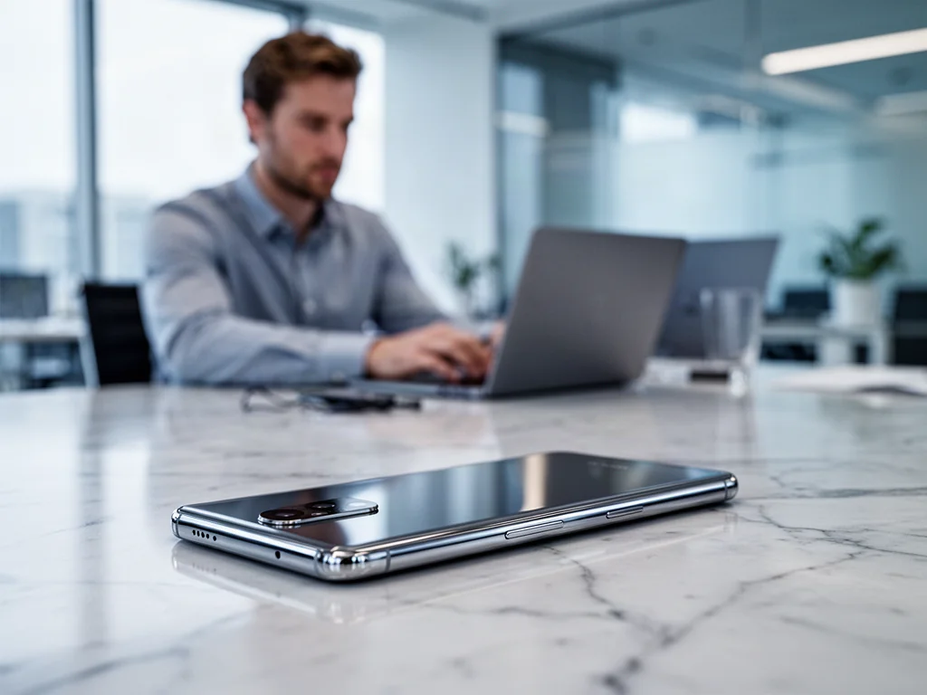 Nowoczesny smartfon z metalicznym wykończeniem na marmurowym biurku w jasnym, profesjonalnym biurze.