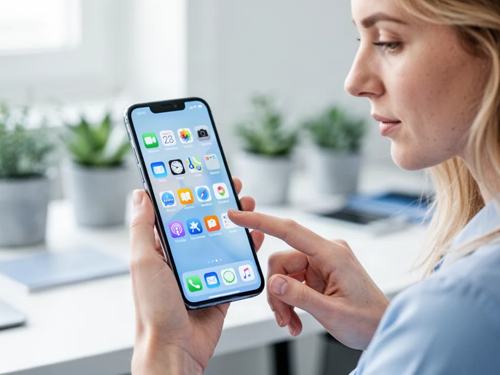 Dłoń trzymająca nowoczesny smartfon z czystym ekranem głównym, gotowym do zarządzania zainstalowanymi aplikacjami.